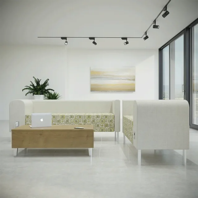 Seating layout shows Flexxform Ace occasional table in River Cherry laminate with Flexxform Nyx with rounded edge.