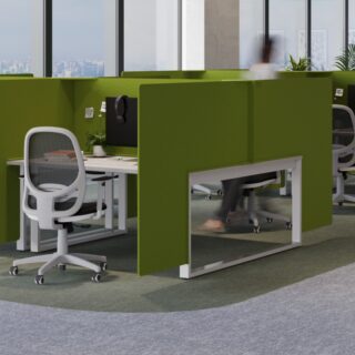 Green Acoustical Ezobord Bench System Screens creating private workspaces in an open office environment