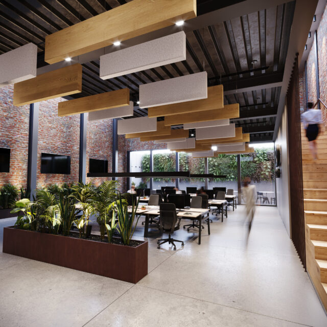 A suspended Ezobord Rail Baffle system in a contemporary office environment, with wooden and fabric baffles providing acoustic comfort and visual appeal.