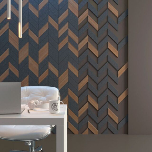 Acoustic wall panels with a herringbone pattern, offering both style and sound absorption.