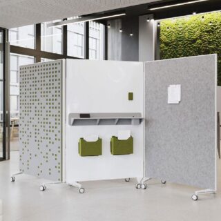 Mobile Acoustical Office Divider with Whiteboard, Pinboard, and Storage Shelf