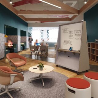 Mobile Whiteboard with Storage Shelves and Integrated Seating