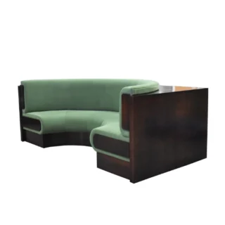 TLS By Design corner banquette, green upholstered seating with dark wood base.