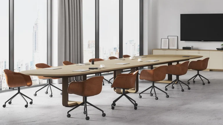 Large Skram Furniture Piedmont meeting table in a modern executive boardroom with a wood veneer finish and integrated power, surrounded by tan leather office chairs overlooking a city skyline.
